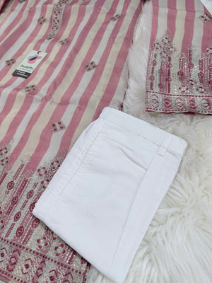 Men’s Dusty Rose Pink & Ivory Striped Embroidered Kurta Pajama Set | Wedding & Festive Indian Ethnic Wear, KP - 4038