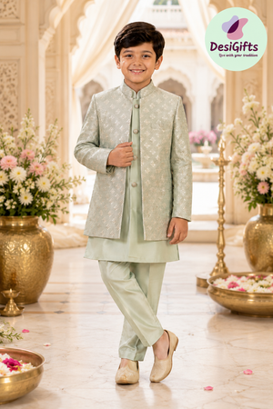 Boy's Green Shade Cotton Silk 3 Piece Indo Western Outfit,  Embroidered  Sequins Long Jacket with Pant , Boy's Sherwani Dress - B-3055