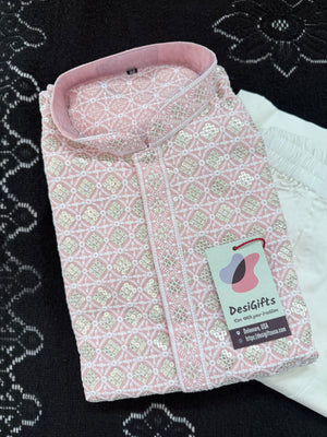 Men's Kurta Pajama set with Embroidery and Sequins in Soft Pink Shade. Two-piece Indian traditional outfit., KP - 1420-1421