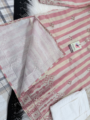 Men’s Dusty Rose Pink & Ivory Striped Embroidered Kurta Pajama Set | Wedding & Festive Indian Ethnic Wear, KP - 4038