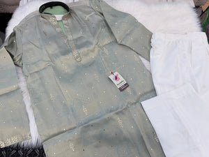 Men’s Mint Green Shorter Kurta with Parallel Pants | Gold Embellished Jacquard Kurta Pajama Set | Indo-Western Wedding & Festive Kurta Set, KP - 4043