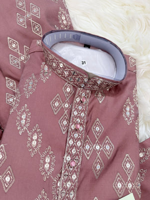 Father & Son Matching Dusty Rose Kurta Pajama Set | Silver Zari-Style Embroidery, Sequin Work | Festive Wear, DM -4039