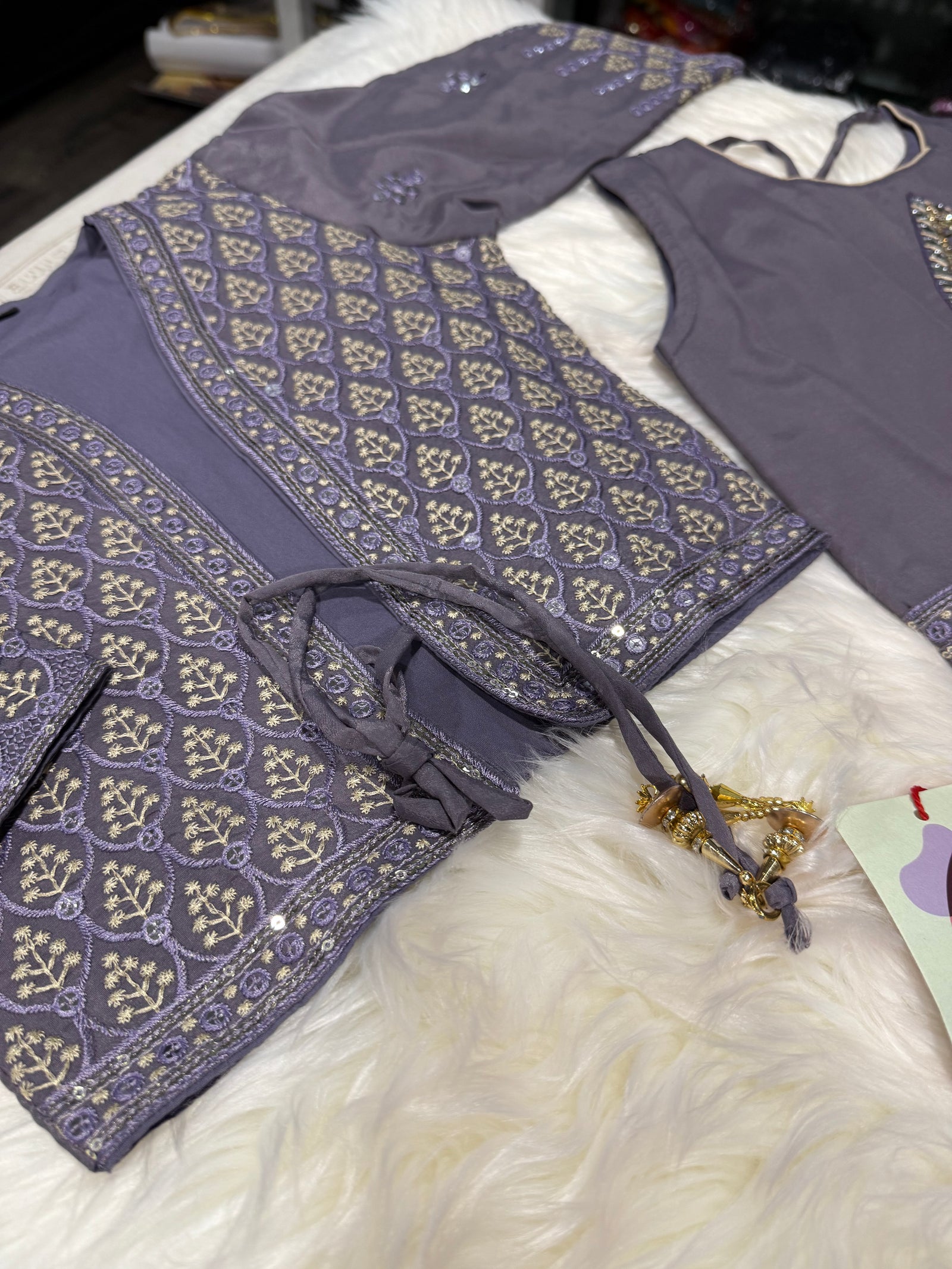 Classic Pastel Purple Dress with Jacket & Dupatta Set for Girl, Indian traditional Girl Dress, GRL - 1946