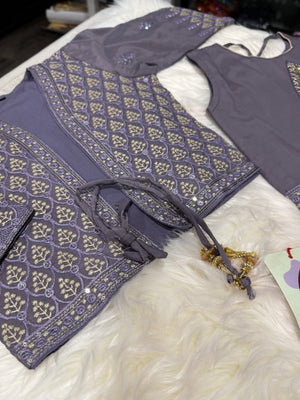 Classic Pastel Purple Dress with Jacket & Dupatta Set for Girl, Indian traditional Girl Dress, GRL - 1946