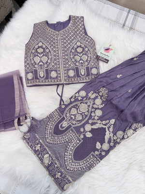 Girls Lavender Purple Zari Embroidered Lehenga Choli Set with Dupatta, Traditional Indian Ethnic Wear for Kids, Wedding & Festival Outfit, G-2096