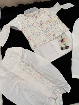 White Shade 4 Piece Boy's Cotton  Silk Ethnic Kurta with  Embroidery Jacket, Dhoti and Pajama- Design B-2020