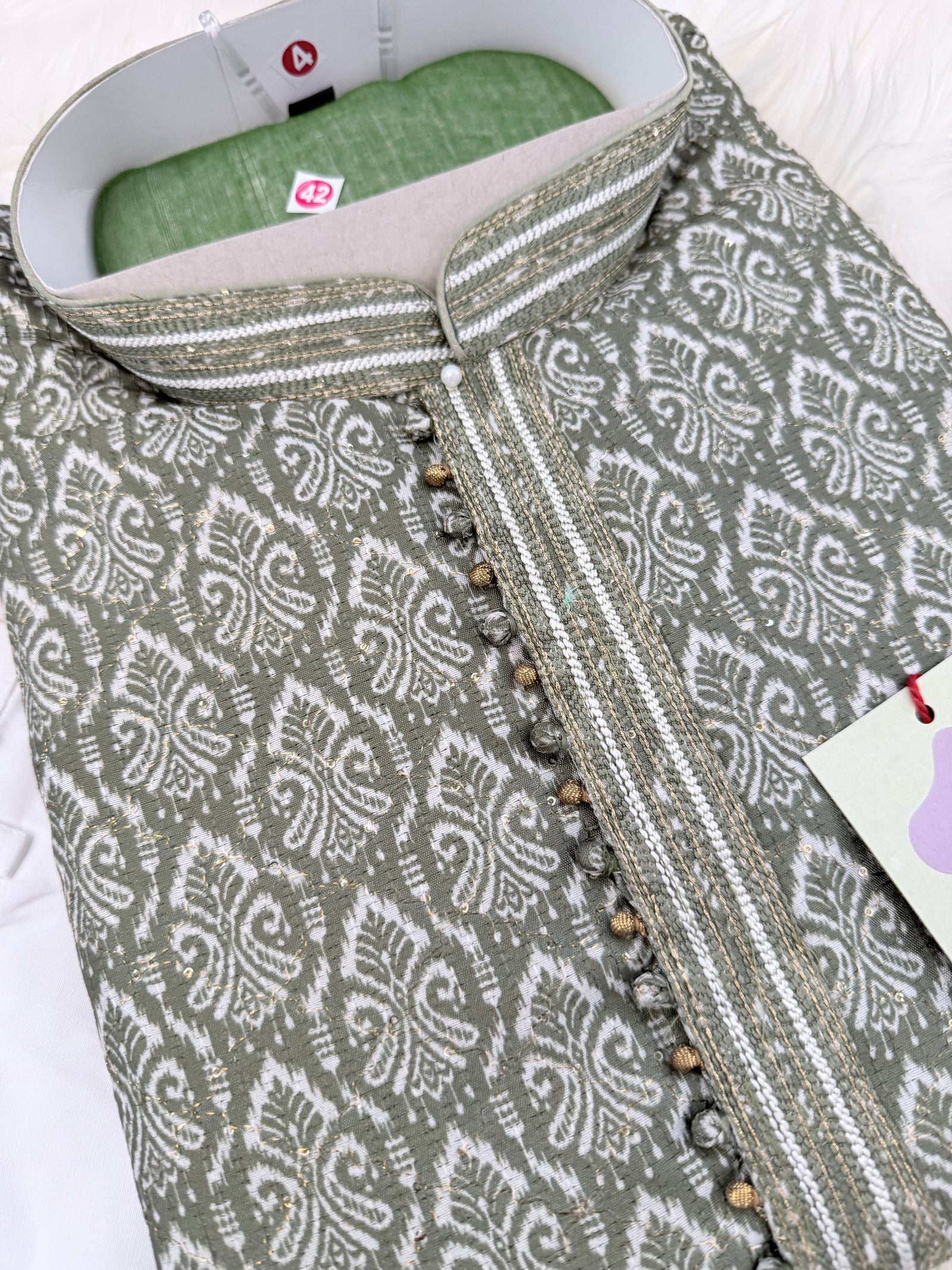 Men's Sage Green Printed Kurta Pajama Set | Designer Indian Ethnic Wear with Mandarin Collar | Wedding, Diwali & Festive Outfit, KP-4090