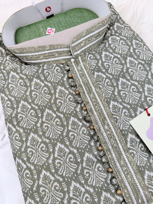Men's Sage Green Printed Kurta Pajama Set | Designer Indian Ethnic Wear with Mandarin Collar | Wedding, Diwali & Festive Outfit, KP-4090