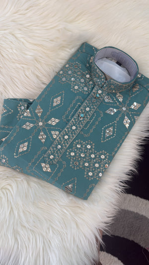 Father & Son Matching Turquoise Blue Kurta Pajama Set | Silver Zari-Style Embroidery, Sequin Work | Festive Wear, DM -4025