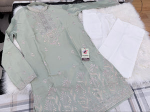 Men’s Sage Green Shorter Kurta with Parallel Pants | Floral Embroidery Kurta Pajama Set | Indo-Western Wedding & Festive Kurta Set, KP - 4064