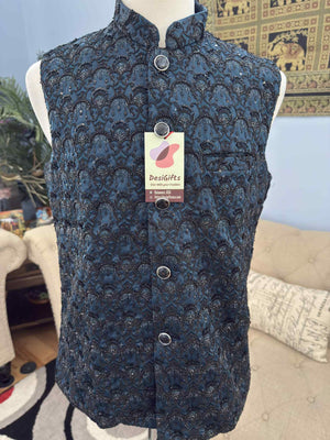 Classic Blue Shade Jacket for Men, Intricately Embroidered Indian Waistcoat, Sadri with Sequins, Wedding Jacket, J - 1928