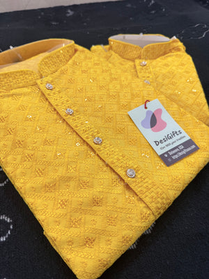 Men & Boys Marigold Yellow Rayon Chikankari with Sequins Kurta Pajama Set | Matching Father Son Option Festive Outfit with Sequin Work, DM -1422