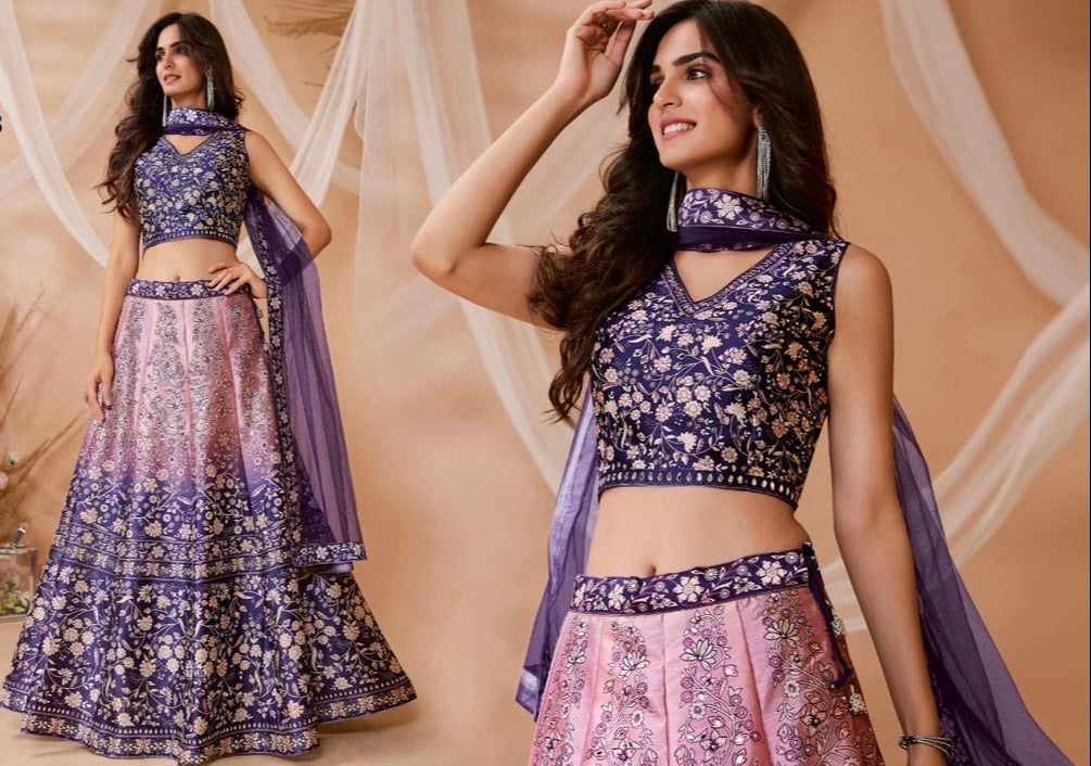 Women’s Navy Blue & Dusty Pink Lehenga Choli Set with Dupatta – Digital Floral Print, Mirror-Style Sequin Work, Indian Wedding Festive Wear, LHG - 4009