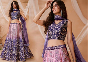Women’s Navy Blue & Dusty Pink Lehenga Choli Set with Dupatta – Digital Floral Print, Mirror-Style Sequin Work, Indian Wedding Festive Wear, LHG - 4009