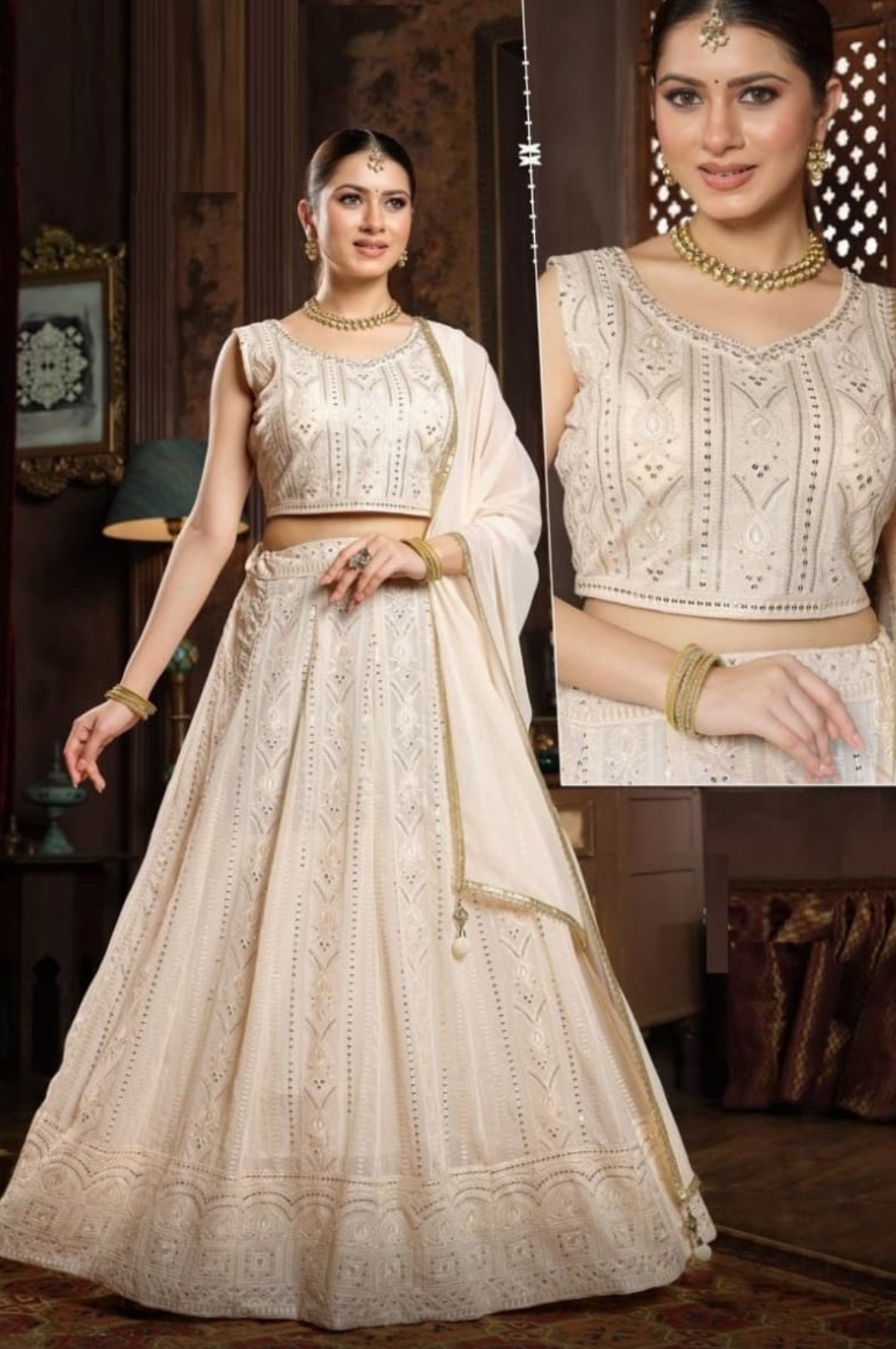Size 2XL, Cream Embroidery Georgette  Lehenga Choli 3 Pieces Ethnic Wear for Girls, Design LHG - 1976