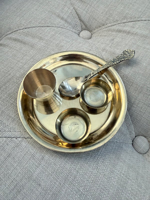Brass Laddu Gopal Ji Thali Set – 5" Pooja Plate with 2 Bowls, Glass & Spoon | 5-Piece Bal Gopal Bhog & Seva Set- 498