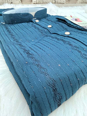 Men’s Teal Shade Sequins Embroidered Kurta Pajama Set – Indian Wedding & Partywear Traditional 2PC Outfit, Size 58 , 5XL, KP-2025