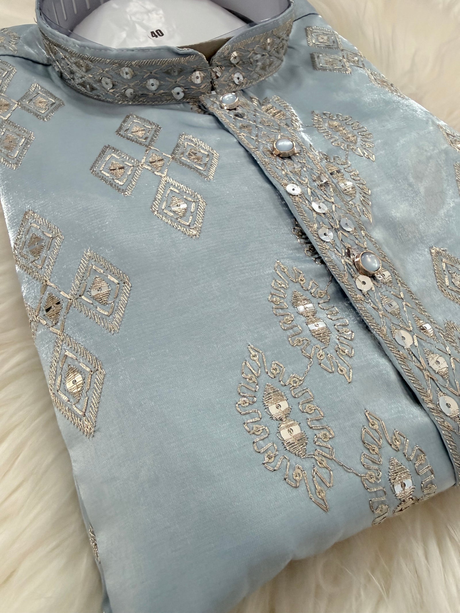 Men’s Soft Sky Blue Embroidered Kurta Pajama Set | Silver Style Thread and Sequin Work | Indian festive Wear, KP-4040