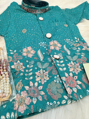Baby Boys 3 Piece Teal Blue Silk Blend Indian Dress Set with Sherwani Kurta, Dhoti & Pajama – Ethnic Wedding and Festive Outfit, B-4062
