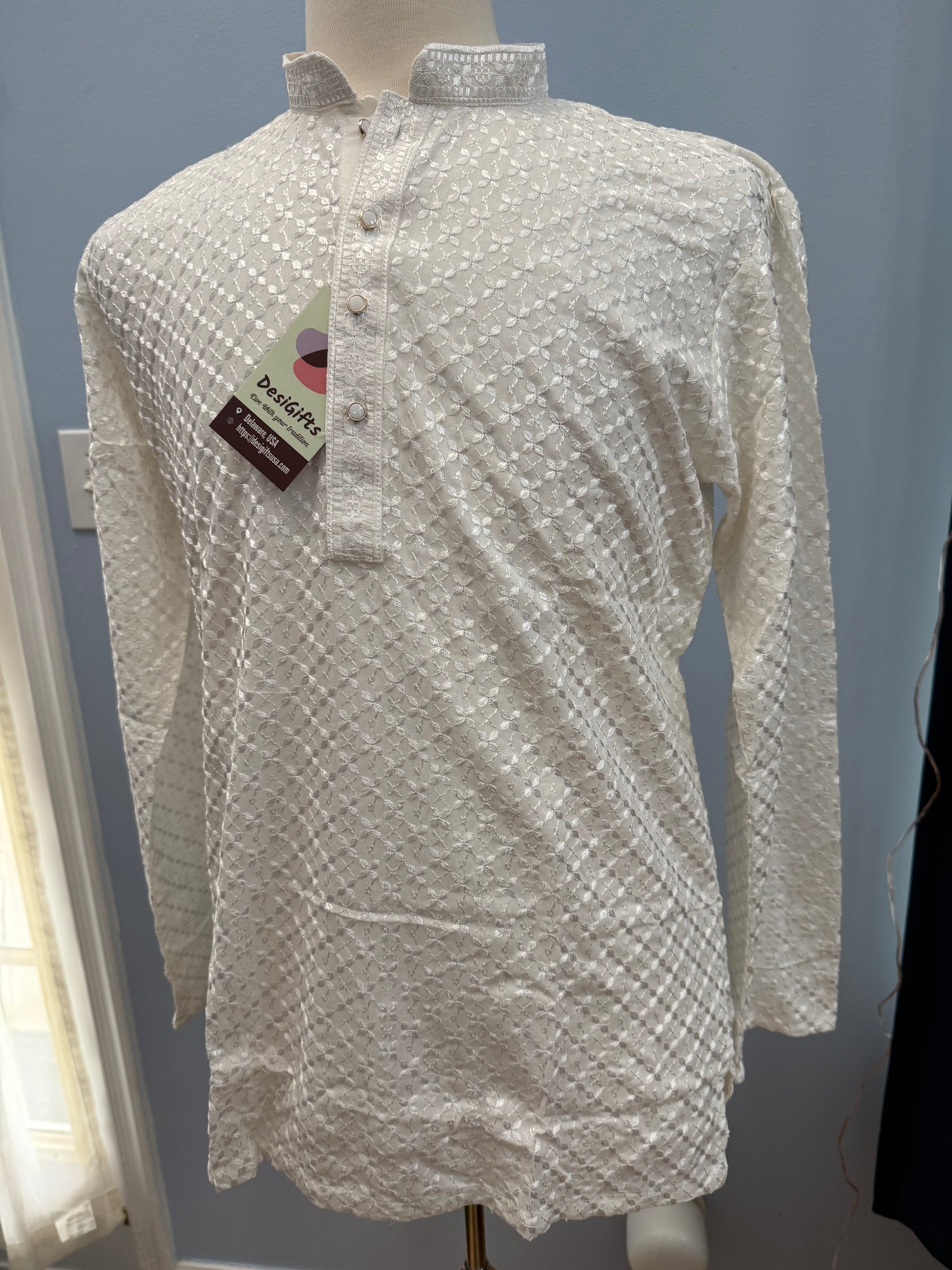White Chikankari Shirt-Style Short Kurta with Sequins – Ethnic Casual Kurta, SK - 1936