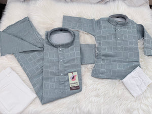 Father & Son Matching option in Dusty Ice Blue Kurta Pajama Set | Geometric Jacquard Kurta with Pants | Indian Wedding & Festive Wear, DM-4029