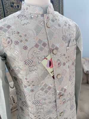 Men’s Pale Sage Green 3-Piece Kurta Pajama with Premium Embroidered Jacket, Wedding & Festive Ethnic Wear, KPJ-3078