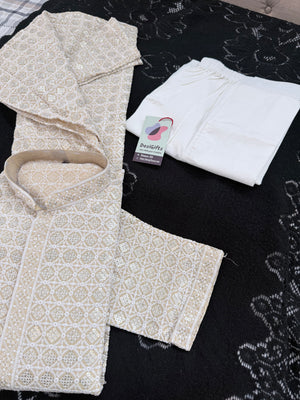 Men's Kurta Pajama set with Embroidery and Sequins in Light Yellowish Shade. Two-piece Indian traditional outfit., KP - 1425