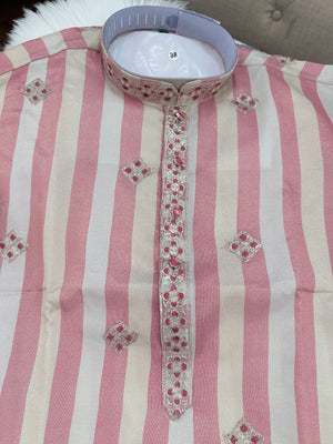 Men’s Dusty Rose Pink & Ivory Striped Embroidered Kurta Pajama Set | Wedding & Festive Indian Ethnic Wear, KP - 4038