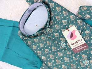 3 Piece Teal Blue Kurta Pajama Set with Jacquard Silk Jacket Set, Silk Blend Fabric with a Slight Sheen, Father & Son's Matching Option, DM - 4082