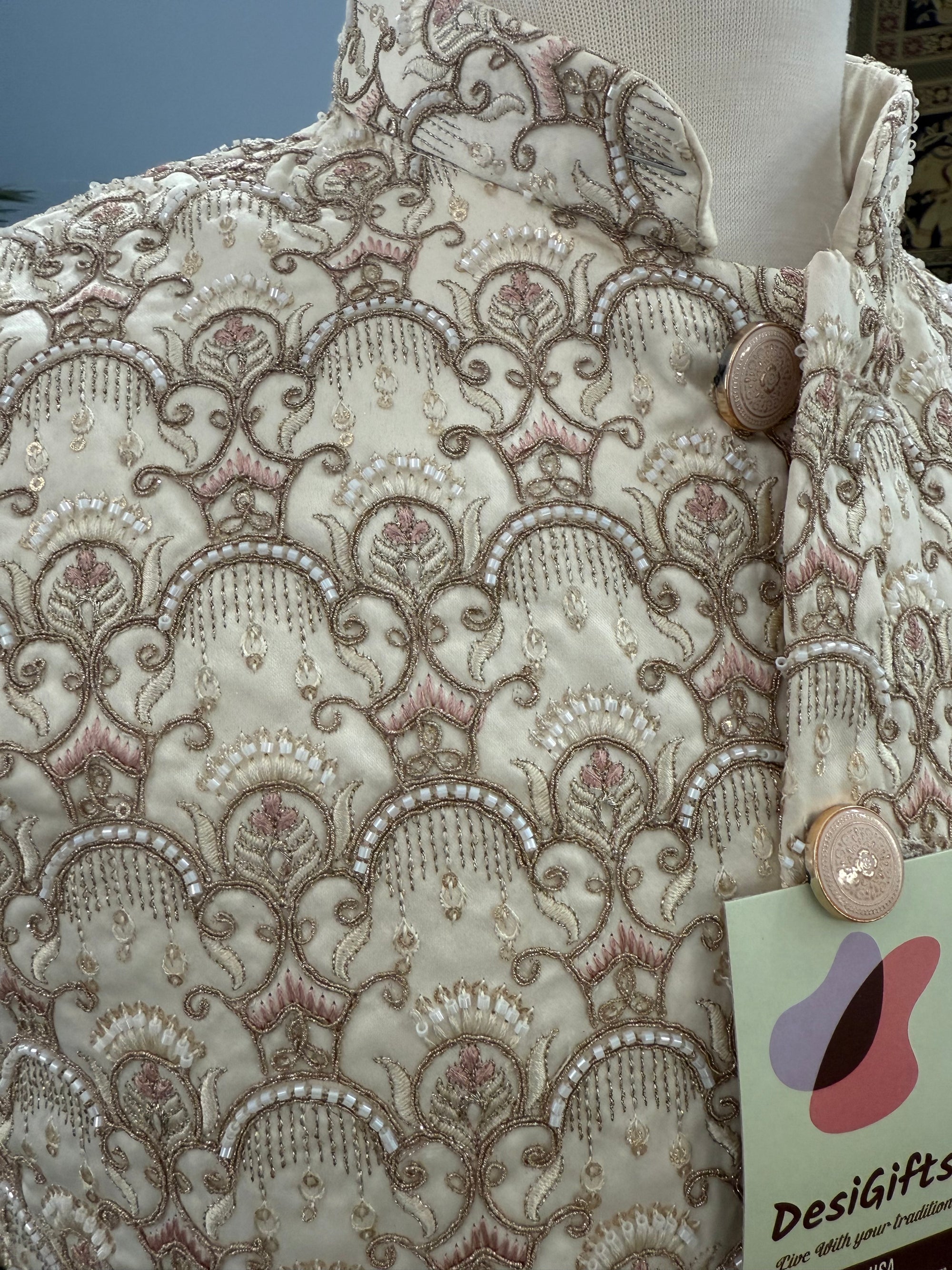 Classy Cream Jacket for Men, Intricately Embroidered Indian Waistcoat, Sadri with Sequins, Wedding Jacket, J - 1927