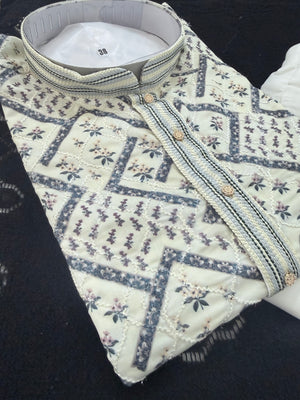 Men’s Kurta Pajama Set – Premium Viscose Rayon with Embroidery, Cream with Blue Geometric Pattern & Sequin Detailing| KPS-3031