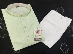 Light Green Jacquard Silk Kurta Pajama Set with Off-White Pant for Men – Self Design Ethnic Kurta, KPS-3027