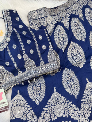 Women’s Designer Lehenga Choli Set with Dupatta | Navy Blue & Rani Pink Silver Zari Jacquard Silk Lehenga | Wedding & Festive Wear, LHG-4021
