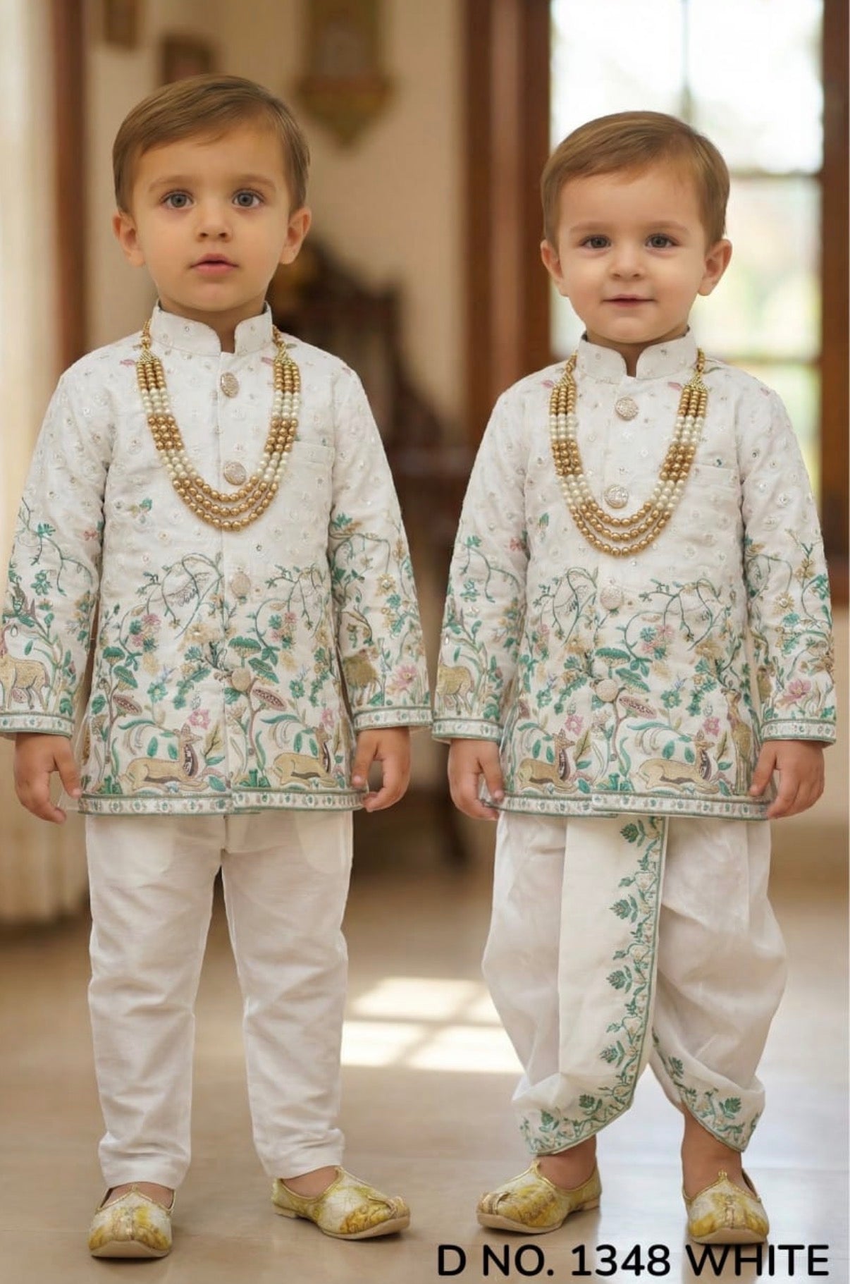 Boys 3 Piece White Silk Blend Indian Dress Set with Sherwani Kurta, Dhoti & Pajama – Ethnic Wedding and Festive Outfit B-2023
