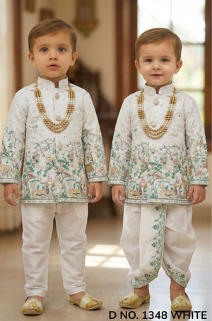 Boys 3 Piece White Silk Blend Indian Dress Set with Sherwani Kurta, Dhoti & Pajama – Ethnic Wedding and Festive Outfit B-2023
