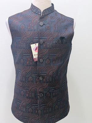 Men’s Navy Blue Brocade Nehru Jacket – Multicolor Woven Design Indian Wedding Waistcoat, Festive Modi Jacket, J-3090
