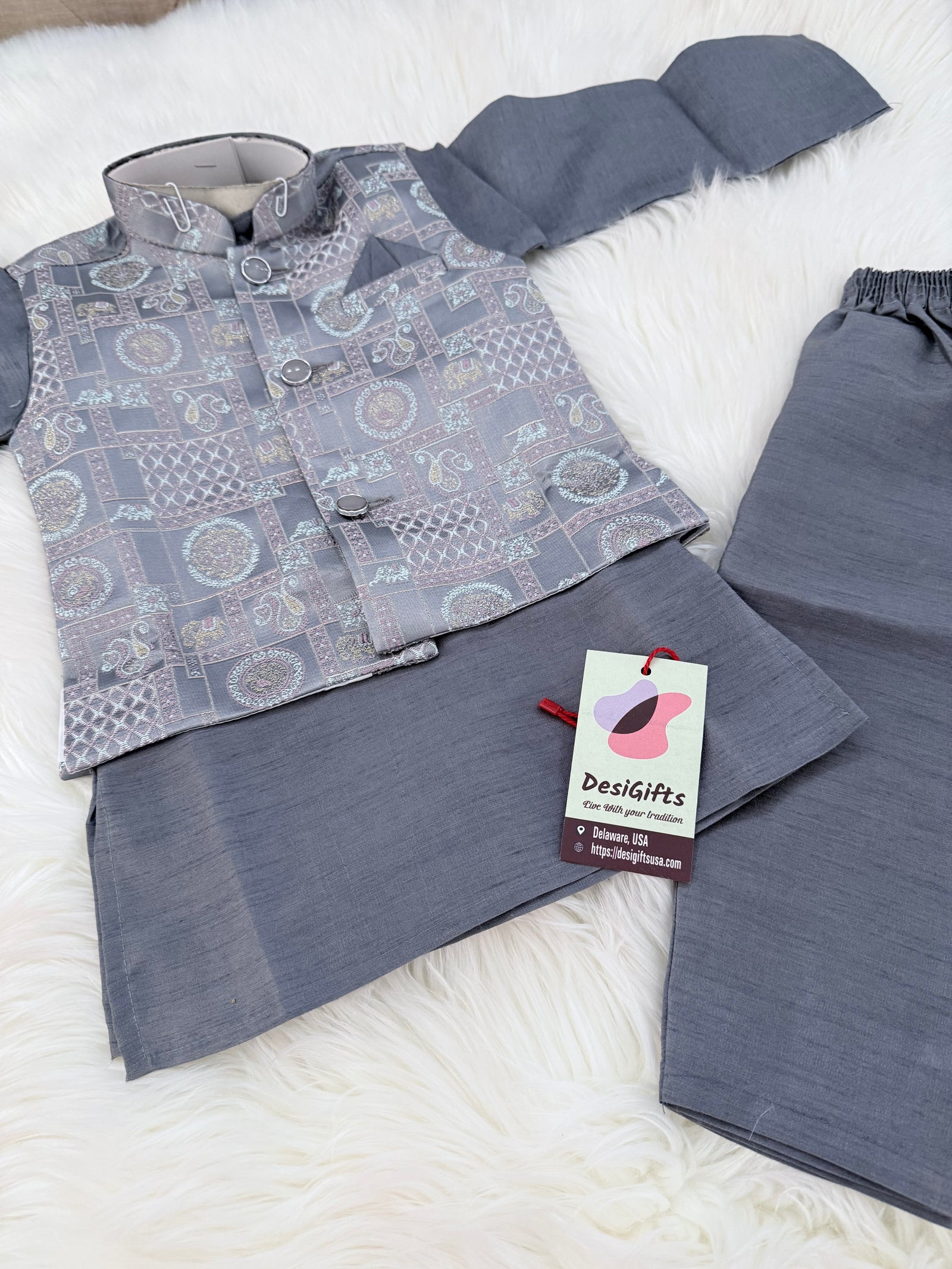 Gray Shade 3 Piece Boy's Cotton  Silk Ethnic Kurta with Jacket, and Pajama- Design B-2011