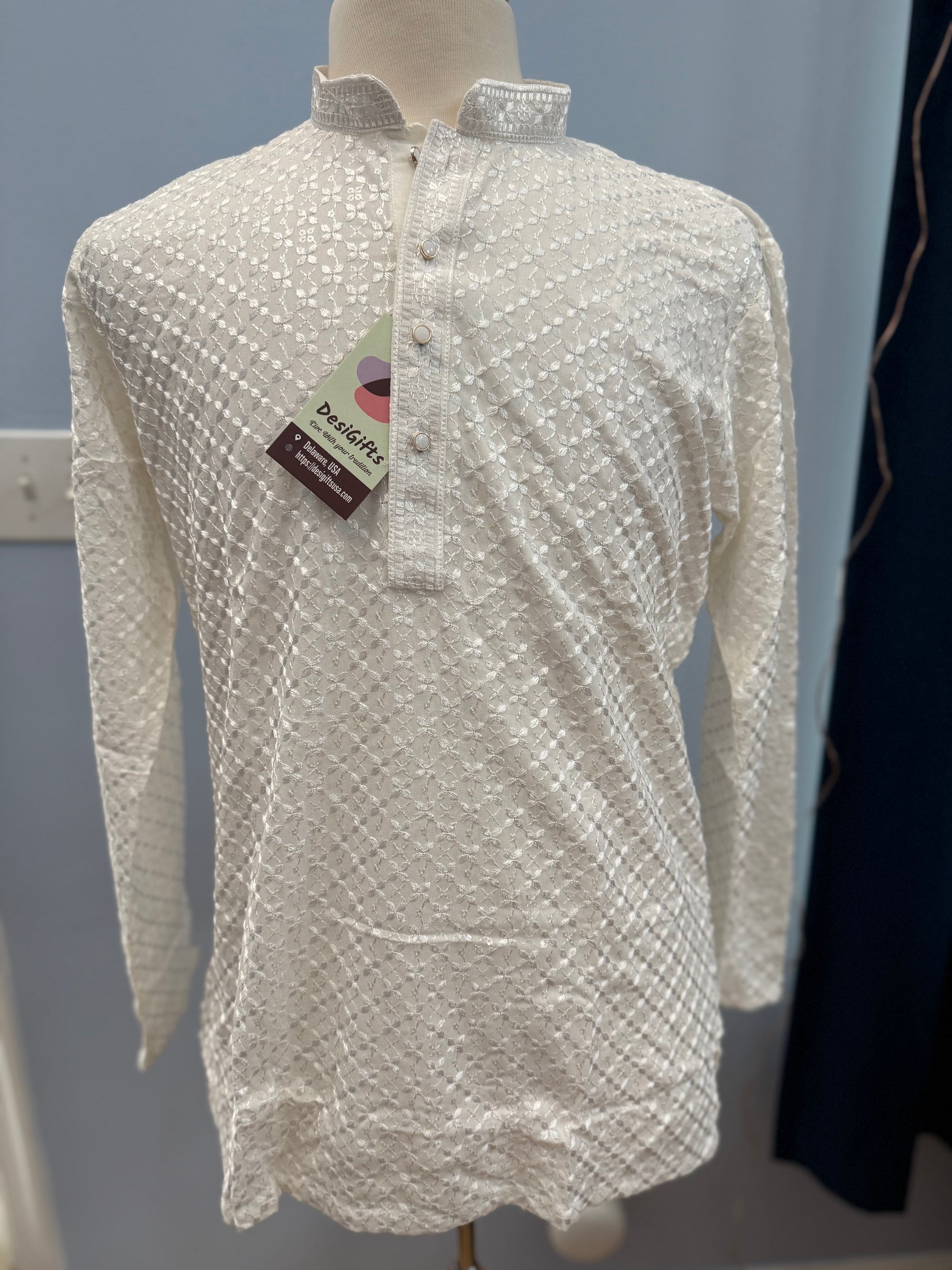 White Chikankari Shirt-Style Short Kurta with Sequins – Ethnic Casual Kurta, SK - 1936