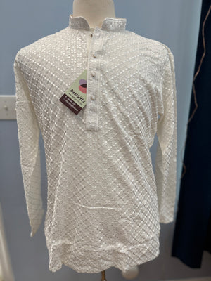 White Chikankari Shirt-Style Short Kurta with Sequins – Ethnic Casual Kurta, SK - 1936