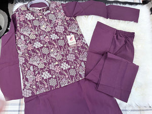 Stylish Men’s 3-Piece Plum Purple Shade Kurta Pajama with Embroidered Sequins Jacket, Silk Ethnic Wear for Wedding & Festive, KPJ-4052