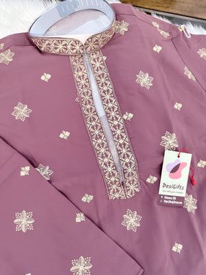 Men’s Onion Shade Embroidered Kurta Pajama Set | Open Neck Kurta with Ivory Trouser Pants | Indian Wedding & Festive Wear, KP-4068