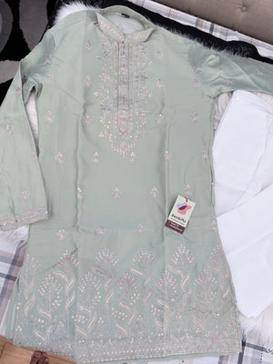 Men’s Sage Green Shorter Kurta with Parallel Pants | Floral Embroidery Kurta Pajama Set | Indo-Western Wedding & Festive Kurta Set, KP - 4064