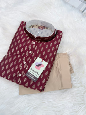 Men’s Wine Maroon Jacquard Kurta Pajama Set, Indian Ethnic Wear for Wedding Party Festival, Designer Kurta for Men, KP -3003