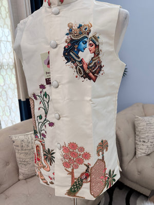 Men’s Ivory Radha Krishna Jacket | Embroidered Indian Waistcoat with Peacock & Elephant Design | Festive Modi Jacket | J-4051