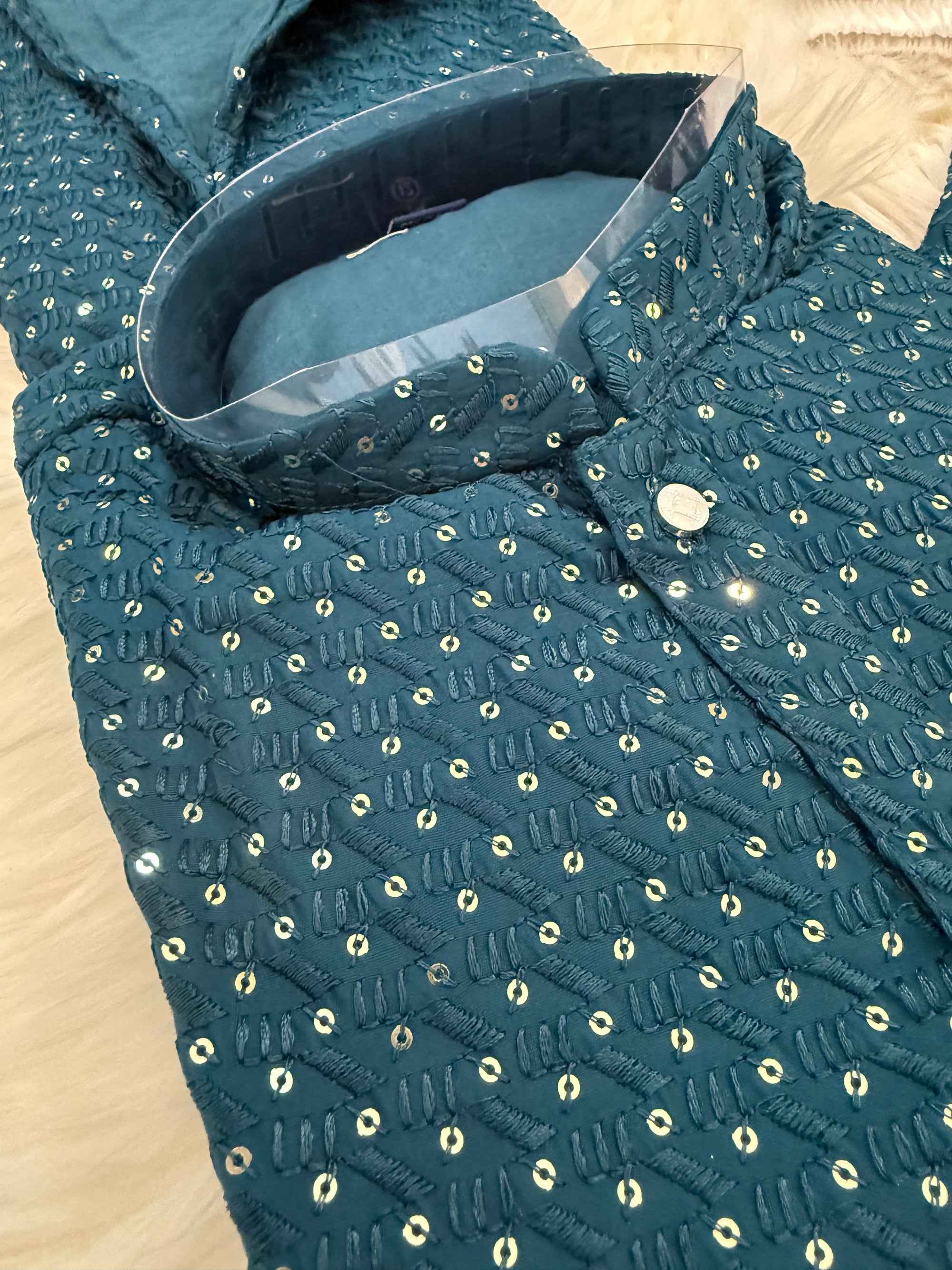Pre-Teen and Teen Boy's Chikankari Embroidered Kurta Pajama with Sequins, Teal Blue Shade  - BOY-1911