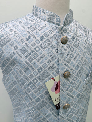 Men’s Pastel/Ice BluePink Nehru Jacket – Self Woven Silk Indian Sadri, Festive Wedding Waistcoat, Ethnic Modi Jacket for Men, J-3089