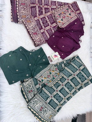 Bandhani Inspired Soft Silk Blend Saree with Matching Blouse, Floral Border & Pallu, Indian Wedding & Festive Sari, 2 Colors, S- 3081