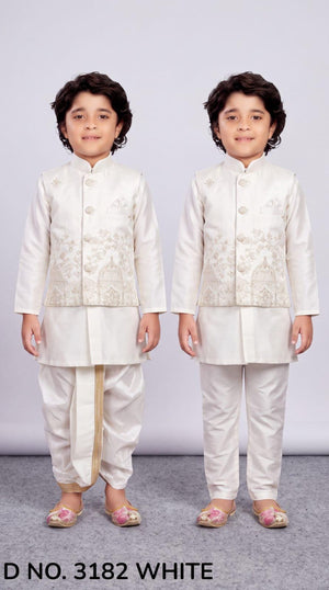 Boys Ivory Cream Kurta Pajama Set with Floral Embroidery Jacket | Dhoti and Pajama | Indian Wedding Festive Ethnic Wear for Kids, B-4058