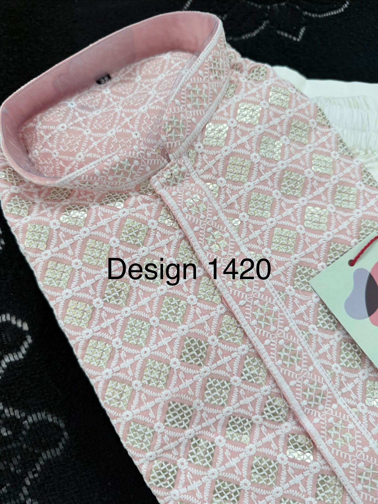 Men's Kurta Pajama set with Embroidery and Sequins in Soft Pink Shade. Two-piece Indian traditional outfit., KP - 1420-1421