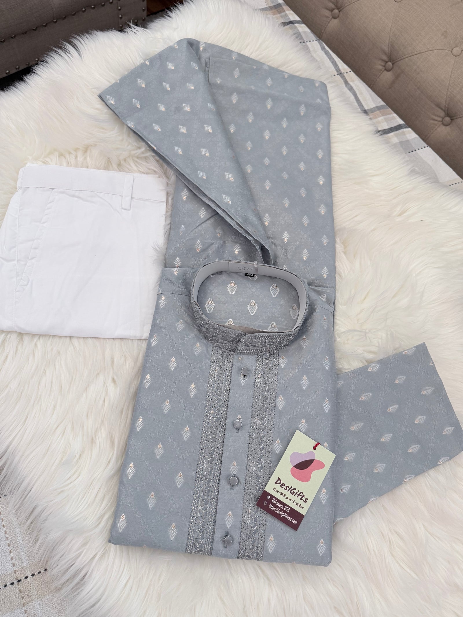 Men's Silver Gray Embroidered Kurta Pajama Set | Designer Indian Ethnic Wear with Trouser Style Pant Pants | Wedding, Eid & Diwali Outfit, KP-4085